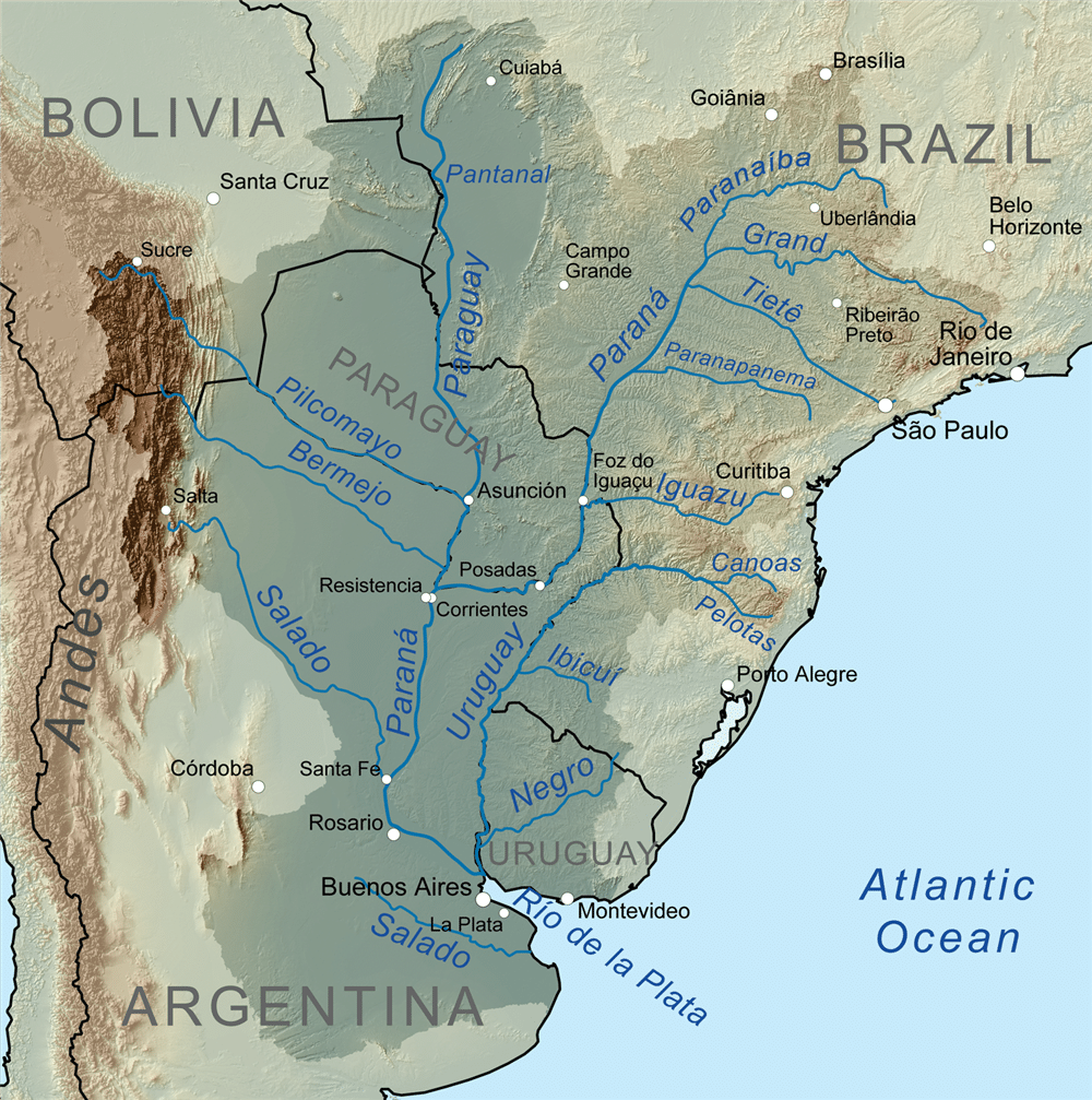 Map of the Rio de la Plata drainage basin in South America showing the Parana and Uruguay river systems - native range of the Buenos Aires tetra