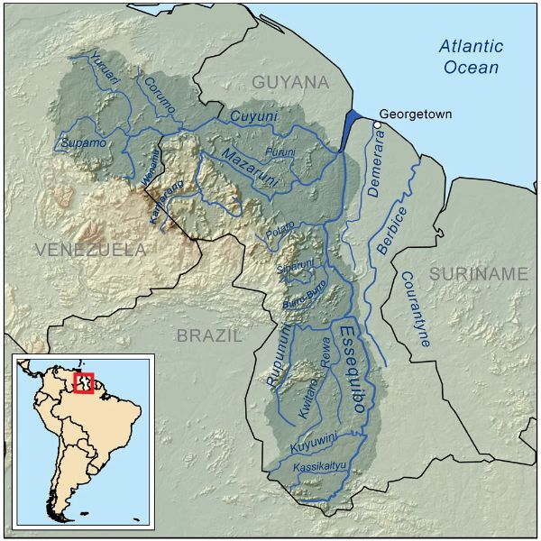 Map of the Essequibo River drainage basin in Guyana, South America — native habitat of the glowlight tetra