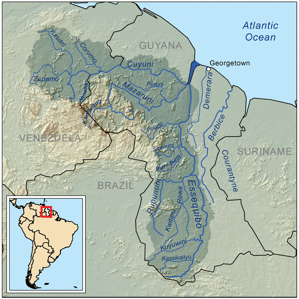 Map of the Essequibo River basin in Guyana, native habitat of the rosy tetra