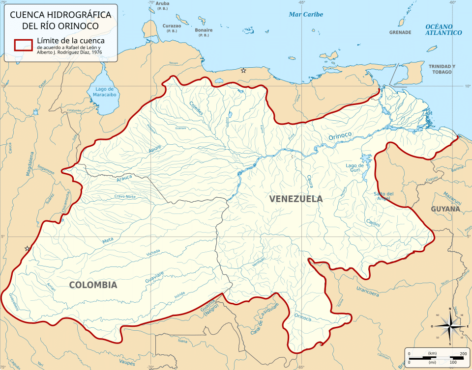 Map of the Orinoco River drainage basin in Colombia and Venezuela, native habitat of the red phantom tetra