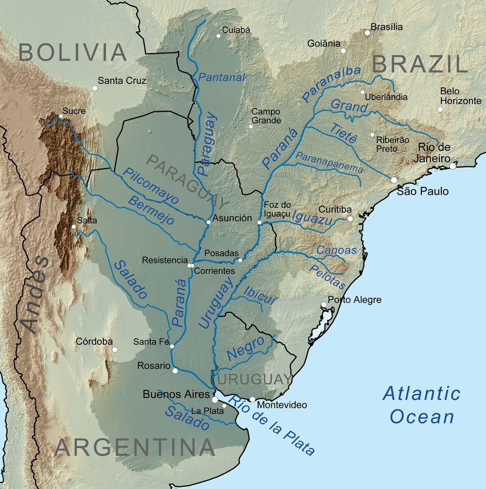 Map of the Rio de la Plata drainage basin in South America showing the Paraguay River - native habitat region of the black phantom tetra