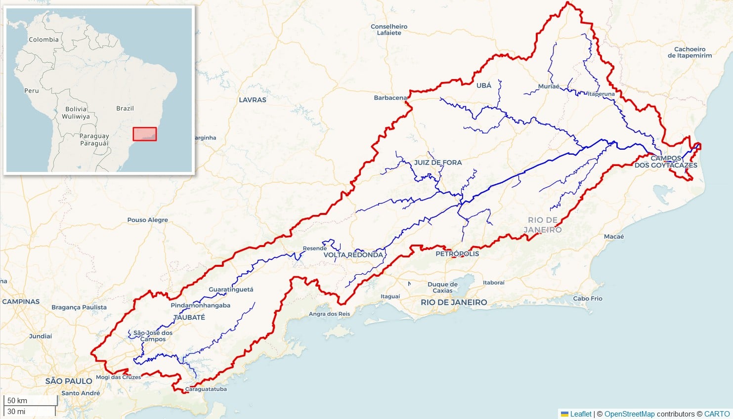 Map of the Paraíba do Sul river basin in southeastern Brazil — native habitat region of the flame tetra