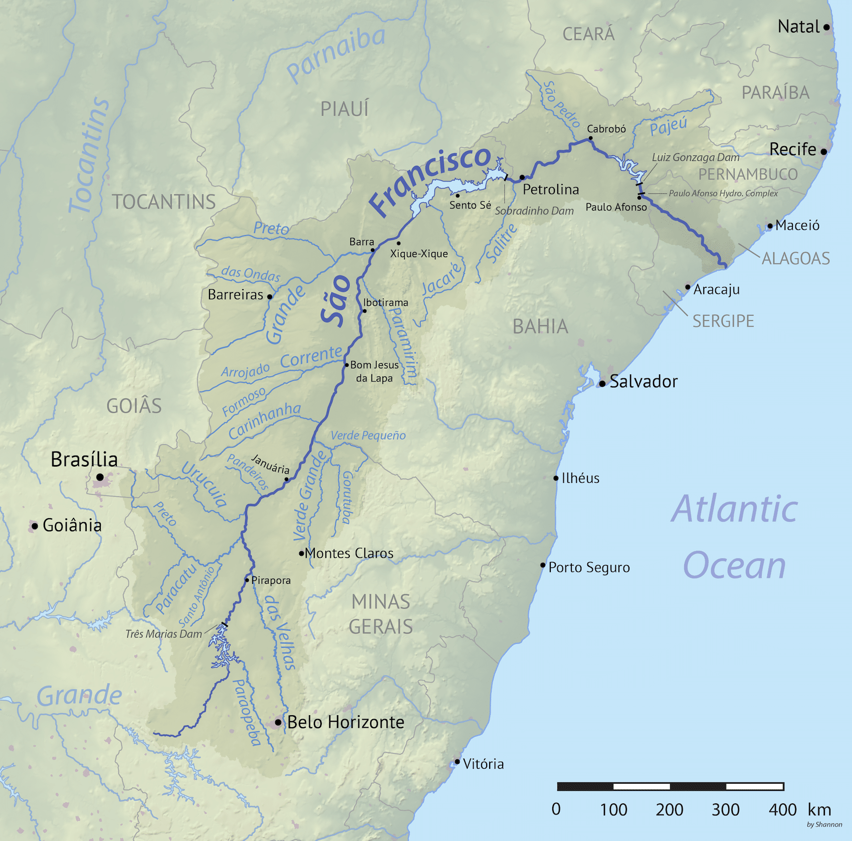 Map of the Sรฃo Francisco River drainage basin in eastern Brazil โ native habitat of the silvertip tetra
