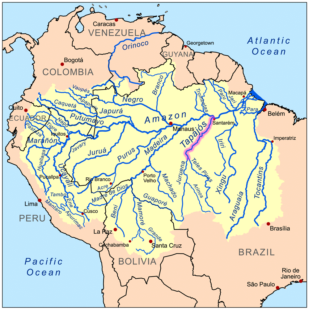 Map of the Tapajós River drainage basin in Brazil, South America — native habitat of the lemon tetra